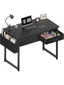 32 Inch Small Desk With Fabric Drawers – Vanity Table With Storage Drawer & Bag. Writing Desk For Bedroom/Study, Small Spaces - Black - View 2