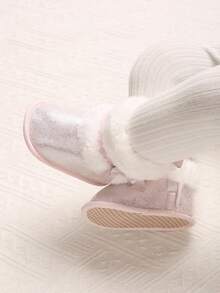 0-1岁婴儿蝴蝶结保暖软底婴儿靴，冬季 - 粉色 - 查看 7