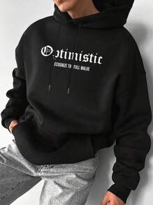 男士秋冬街头时尚乐观玫瑰印花黑色连帽卫衣，长袖上衣 - 黑色 - 查看 7