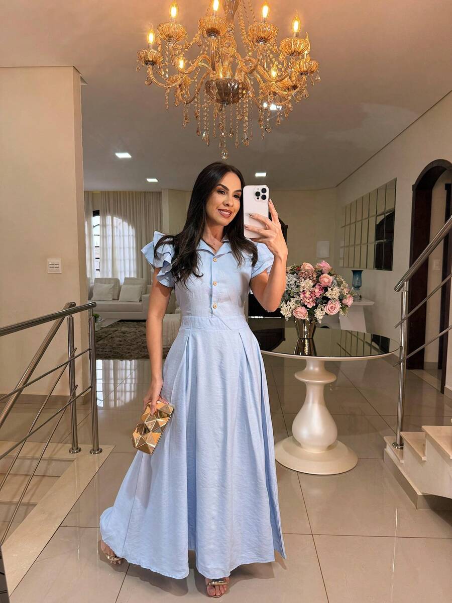 Elegant Long Dress With Puff Sleeves And Front Buttons – Sophisticated Look For Parties And Events - 淺藍色 - 查看 1