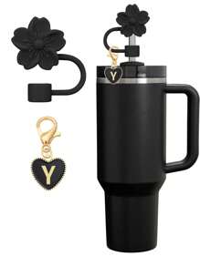 2 件/套心形和字母花卉草帽，黑色，杯子字母标记，和硅胶花卉可重复使用草帽，适合 10 毫米宽吸管，可爱字母装饰，适用于现代简约玻璃杯 - 黑色 - 查看 29