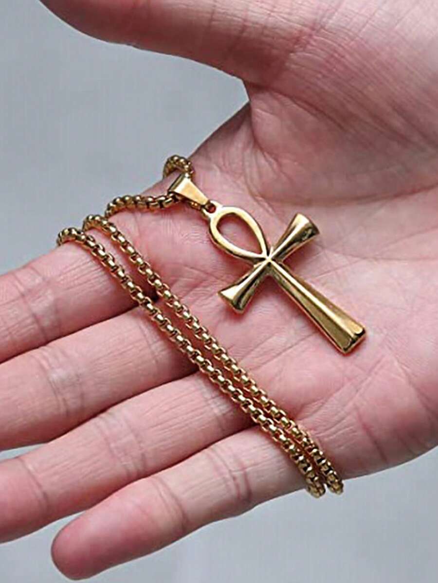1 chiếc vòng cổ mặt thánh giá Ankh bằng thép titan phong cách Punk thời trang dành cho nam - Vàng - Xem 1