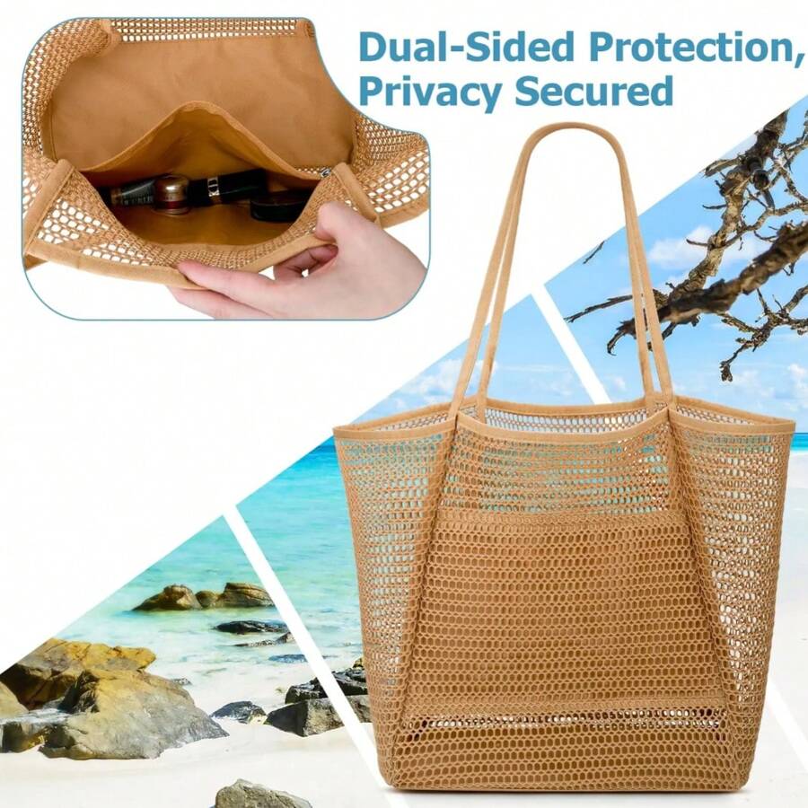 Geantă de plajă ușoară și respirabilă, cu o capacitate mare de peste 11 kg - Geantă de plajă din plasă, design cu buzunare multiple, pliabilă, rezistentă la decolorare, cu curea de agățare, potrivită pentru piscină, călătorii, cumpărături, stil casual, esențială pentru vacanța de vară