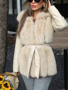 Giolshon 女士优雅仿毛皮连帽外套，带口袋和腰带，适合秋冬季穿着 - 米色 - 查看 3
