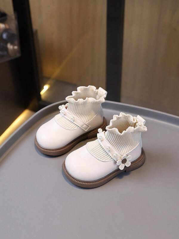 1 Pair Baby Girls Soft Bottom Hook And Loop Design Boots, Flower & Pearl Decor Cute Girl Ankle Boots, Suitable For Autumn/Winter
