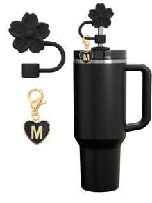 2 件/套心形和字母花卉草帽，黑色，杯子字母标记，和硅胶花卉可重复使用草帽，适合 10 毫米宽吸管，可爱字母装饰，适用于现代简约玻璃杯 - 黑色 - 查看 31