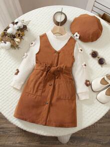 4pcs Girls Autumn Maillard Color New Cute 3D Flower Decor Long Sleeve Small Stand Collar Apricot T-Shirt Top And Corduroy Button Full Front Opening V-Neck Sleeveless Vest Dress And Brown Hat And Belt Back To School - Brown - View 3