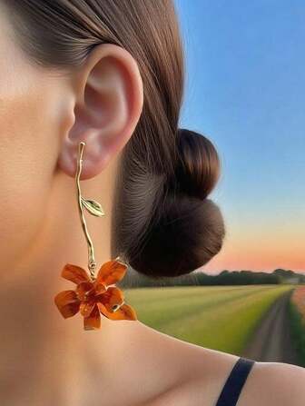 1 Pair Exaggerated Fashion Metal Flower Decor Stem Pendant Earrings, Versatile Elegant Resort Style Long Earrings For Women