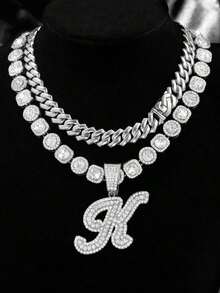 2Pcs Cuban Link Chain For Women Cursive Silver Initial Necklace Cuban Link Necklace For Women Hip Hop Iced Out Chain Necklace Bling Diamond 14mm Cuban Chain Letter Name Hip Hop Jewelry Gift - 套裝項鍊 - 查看 5