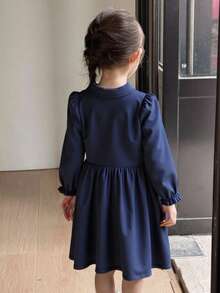 年轻女孩休闲纯色翻领长袖前开中长款校服连衣裙，女孩优雅海军蓝校服，适合日常、休闲、度假、返校和校园穿着 - 藏蓝色 - 查看 11