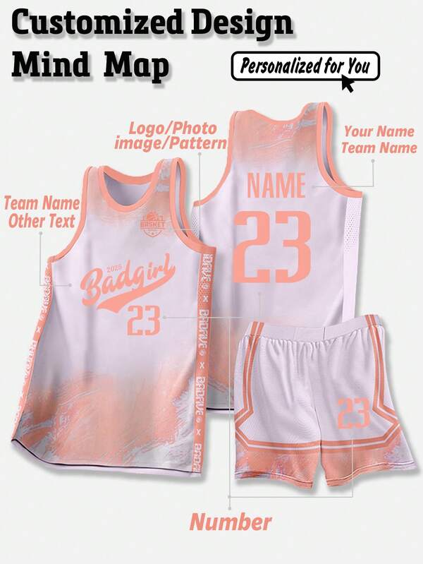 2 piezas Conjunto deportivo personalizado para mujer con camiseta de baloncesto y pantalón corto - Nombre del club, número y foto impresos. Uso deportivo y casual para primavera/verano