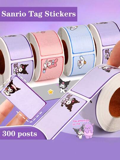 Sanrio 300 szt. wodoodpornych naklejek z imieniem Sanrio Kuromi, etykiety nieprzylepne do przyborów szkolnych, naklejki na artykuły papiernicze z uroczym pismem odręcznym dla dzieci