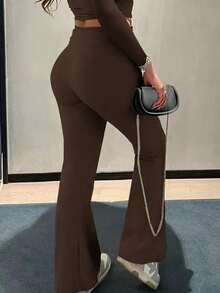 3pcs/Set Large Size Women's Casual High Yoga Pants Set   Elastic Waist Gym Workout Flare Leggings - 咖啡棕色+黑色+灰色 - 查看 5