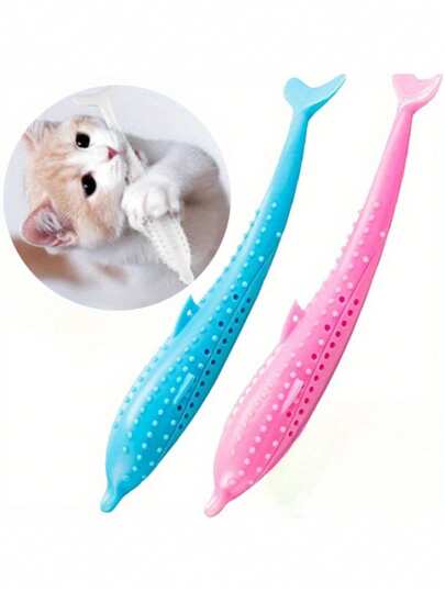 Interaktives Katzen-Zahnbürstenspielzeug - fischförmiges Silikon-Kauknochen-Spielzeug mit Katzenminze, robustes Katzenspielzeug für Zahnreinigung und Spielen, ohne Batterie, Cartoon-Muster Design Katzen-Zahnpflege-Spielzeug