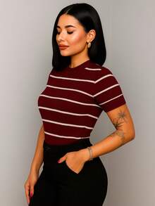 Women's Striped Short Sleeve Basic Cotton Blouse - 條紋套裝 2 1 瑪薩拉色 1 海軍藍 - 查看 4