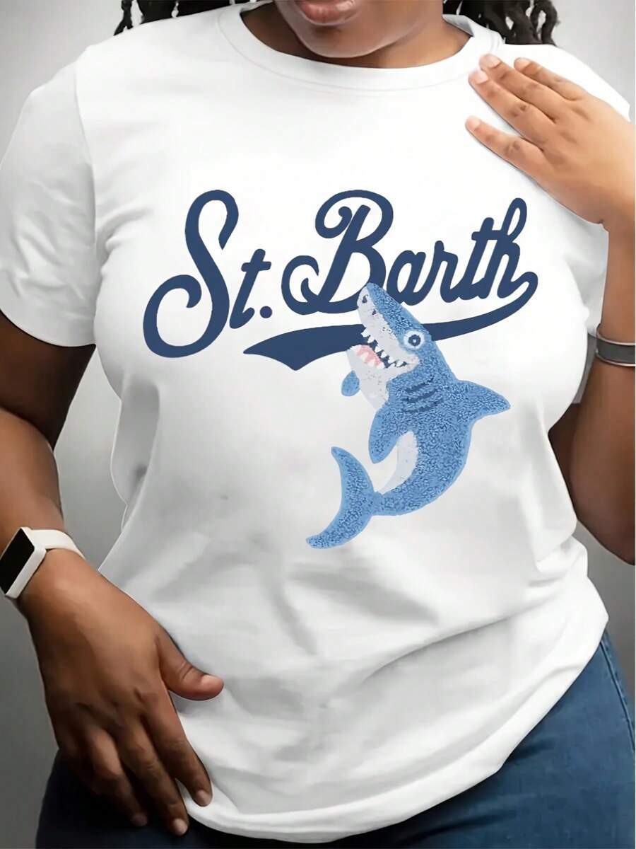 Women's White T-Shirt - Casual Everyday & Beach Outfits Shark Graphic Tee - Machine Washable Everyday Summer Top For Women, Beach T Shirt, Relaxed Fit Shirt, Saint Barth Style, Comfortable Fabric