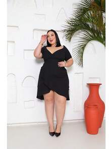 Plus Size Women's Off-The-Shoulder Short Wrap Dress Short Sleeve Mullet Sexy Neckline - 黑色 - 查看 4