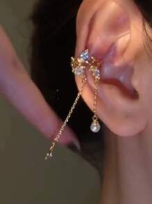 Andkiss 1pc Leaf Tassel Clip-On Earring, Casual Fashion Versatile Accessory (Note: Pendant Comes In 2 Random Styles) - Right Ear - Single - View 1