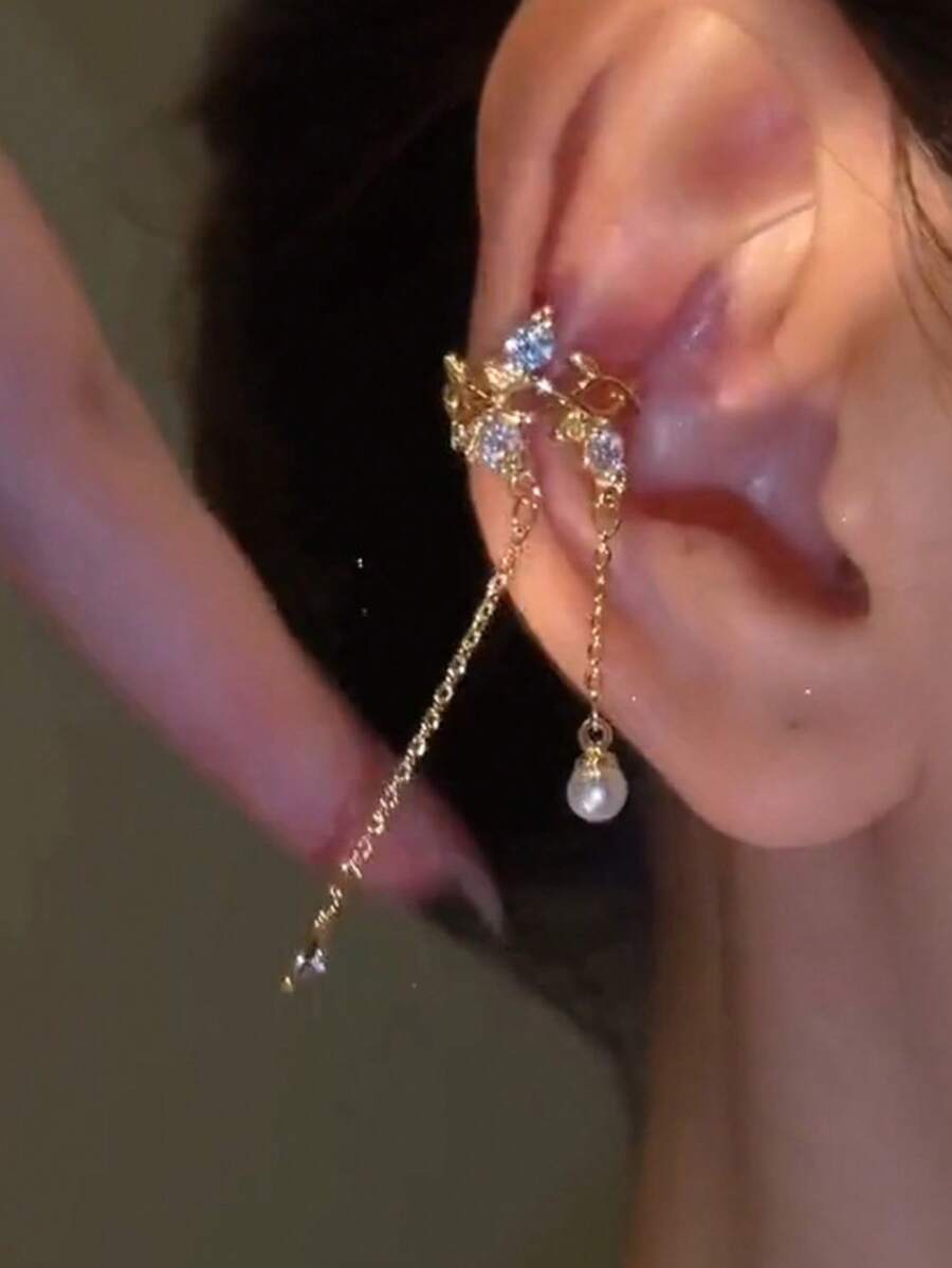 Andkiss 1pc Leaf Tassel Clip-On Earring, Casual Fashion Versatile Accessory (Note: Pendant Comes In 2 Random Styles) - Right Ear - Single - View 1