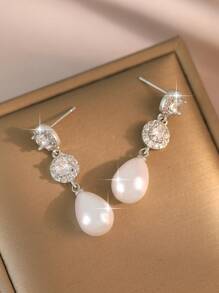 jealous young 1 pereche de cercei lungi rafinați cu zirconiu cubic rotund cu perle artificiale, potriviți pentru banchet, bal, petrecere, cadou