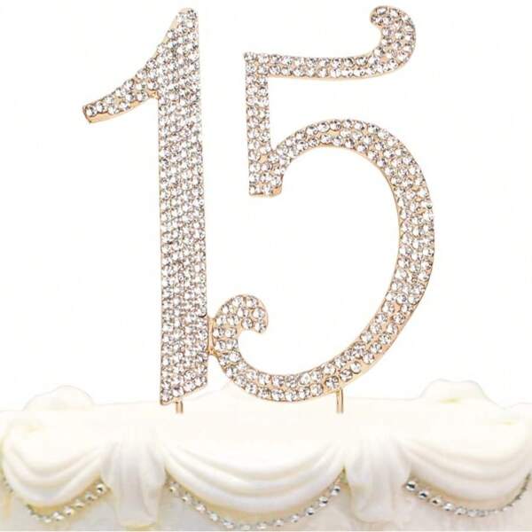 1 pièce Décoration de gâteau en alliage avec strass, "Félicitations pour les 15 ans" Décoration de gâteau d'anniversaire, Pièce maîtresse de gâteau pour la fête des 15 ans