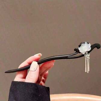 1pc Elegant Lotus Wooden Hair Clip For Women, Versatile Chinese Style Lotus Tassel Hair Accessory, School Stuff, Hair Piece, Hair Accerssories