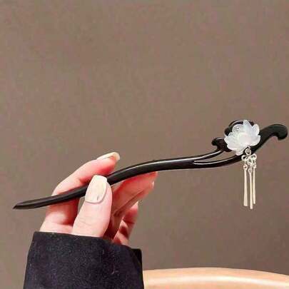 1个优雅莲花木质发夹，女士百搭中式莲花流苏发饰，学生用品，发片，发饰，头部饰品，女士发饰