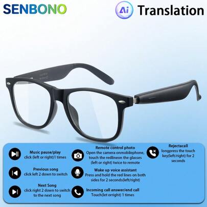 SENBONO SENBONO AI Smart Glasses With 100+ Language Translator, 100+ Languages, Wireless Calls, Music Control, Voice Assistant, Rechargeable, Black Frame, Ideal For Travel & Office Use, Realtime Language Converter | Sleek Eyewear Design | Highquality Audio