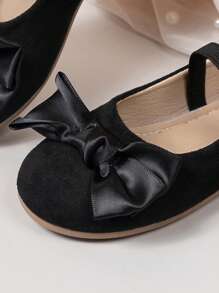1 Pair Girls' Children Bow Decor Black Velvet Soft Comfortable Round Toe Elastic Slip-On Flat Shoes, Simple & Fashionable For Outdoor, School, Performance, All Season