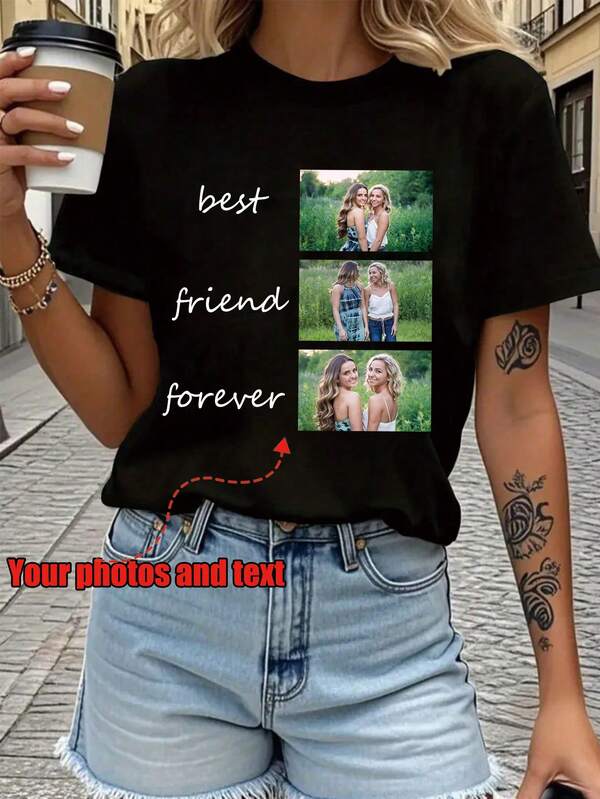 Customized Women's T-Shirt - Add Your Own Text And Images, Personalized (Family Photo/Selfie/Pet Photo/Friend Photo/Party Photo) Customized Text/Blessing/Name, Fashionable, Stylish, Minimalist, Casual Unique, Casual Sportswear, Surprise Gift, Birthday Gift, Holiday, Holiday Party Gift, Gift For Mom, Wedding Gift, Mother's Day Gift, Gift For Her, Ladies Top, Music Festival Outfit, Party Gift