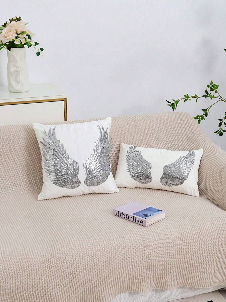 1pc/2pcs White Velvet Silver Wings Pattern Pillow Cover, Bohemian Sequin Embroidery Feather Decor Lumbar Cushion Cover For Bedroom, Living Room, Sofa, Car, Holiday Party, Garden, 30*50cm, 45*45cm, Pillow Insert Not Included