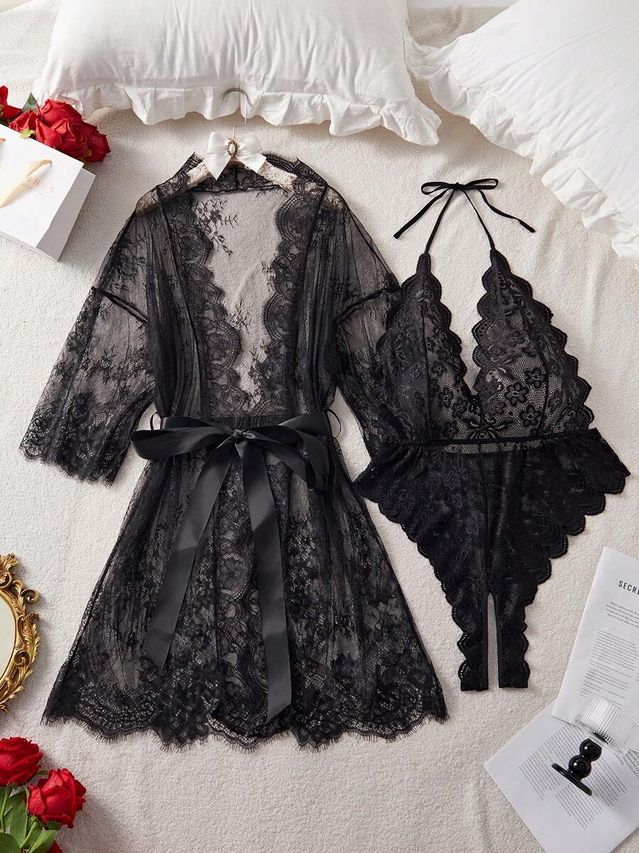 Plus Size Lace & Sexy Bodysuit Combination, Perfect Sleepwear Set - màu đen - Xem 1