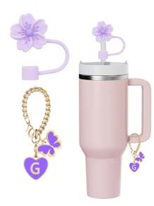 3pcs/2pcs Accessories Designed For 30-40oz Cups: Purple Cup Letter Markers & Silicone Lotus Flower Straw Caps, Silicone Anti-Drop & Scratch Protective Sleeve, Reusable Silicone Straw Cap For 10mm Wide Straw, Cute Letter Decor, Suitable For Modern Minimalist Glass Cups, Mother's Day Gift - Purple - View 21