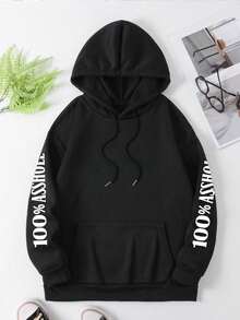 Plus Size Women Slogan Print Drop Shoulder Long Sleeve Casual Loose Thermal Lined Hoodie Sweatshirt, Autumn/Winter - Black - View 4