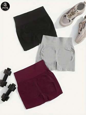 3 pièces Culotte gainante sans coutures, short lisse de boxer anti-exposition. Sous-vêtements moulants pour jupe inférieure, short de sport galbant, soutien-fessiers, short de yoga , short à taille sans roulé. Sous-vêtements femme