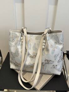 Frühlings-Neuheit, einfache unifarbene Schmetterling Damen Shopper Tasche mit großer Kapazität und Perlenkette - Blau - Übersicht 10