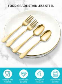 1010 经典不锈钢金色甜品勺叉四件套，适用于咖啡馆、奶茶店、甜品店、野餐、露营、婚礼、酒店等。沙拉/开胃菜/甜点叉，以及咖啡/茶/甜点/蛋糕/搅拌/水果/冰淇淋勺 - 可放入洗碗机清洗，不锈钢餐具，金色餐具 - 金色 - 查看 4