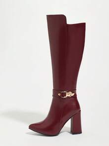 女士新款尖头粗跟时尚酒红色连衣裙靴，带搭扣和侧拉链，过膝长靴，适合秋冬季节，也适合万圣节、圣诞节、感恩节、新年等场合。 - 酒紅色 - 查看 7