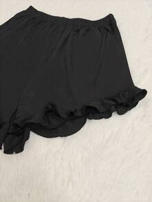 2 件女士纯色休闲甜美针织圆领短袖荷叶边下摆短裤睡衣套装，适合家居服，夏季 - 黑色 - 查看 7