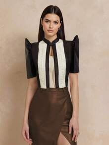 Modern Filipiniana Women's Elegant Petal Sleeve Short Top - Black - View 4