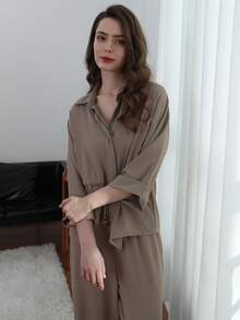 HH 女士裤子套装纯色七分袖翻领抽绳设计休闲宽松上衣+松紧腰阔腿长裤