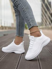 Women's Breathable Mesh Sneakers, Lightweight White Athletic Running Shoes For Women, Fashion Casual Walking Shoes With Anklet - Perfect Gift Idea - 白色 - 查看 3