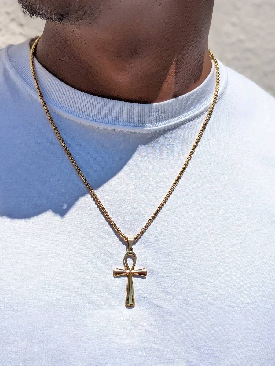 1 pieza Collar con colgante de cruz Ankh de acero de titanio con estilo punk de moda para hombres - Amarillo Oro - Ver 1