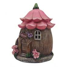 تمثال بيت الأساطير الربيعية من الراتنج - كوخ خيالي بسقف وردي وتفاصيل زهرية، مثالي لديكور حديقة خارجية، زخرفة الباحة، موضوع عالم السحر والخيال، هدية عيد ميلاد مثالية