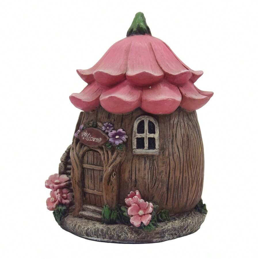 تمثال بيت الأساطير الربيعية من الراتنج - كوخ خيالي بسقف وردي وتفاصيل زهرية، مثالي لديكور حديقة خارجية، زخرفة الباحة، موضوع عالم السحر والخيال، هدية عيد ميلاد مثالية