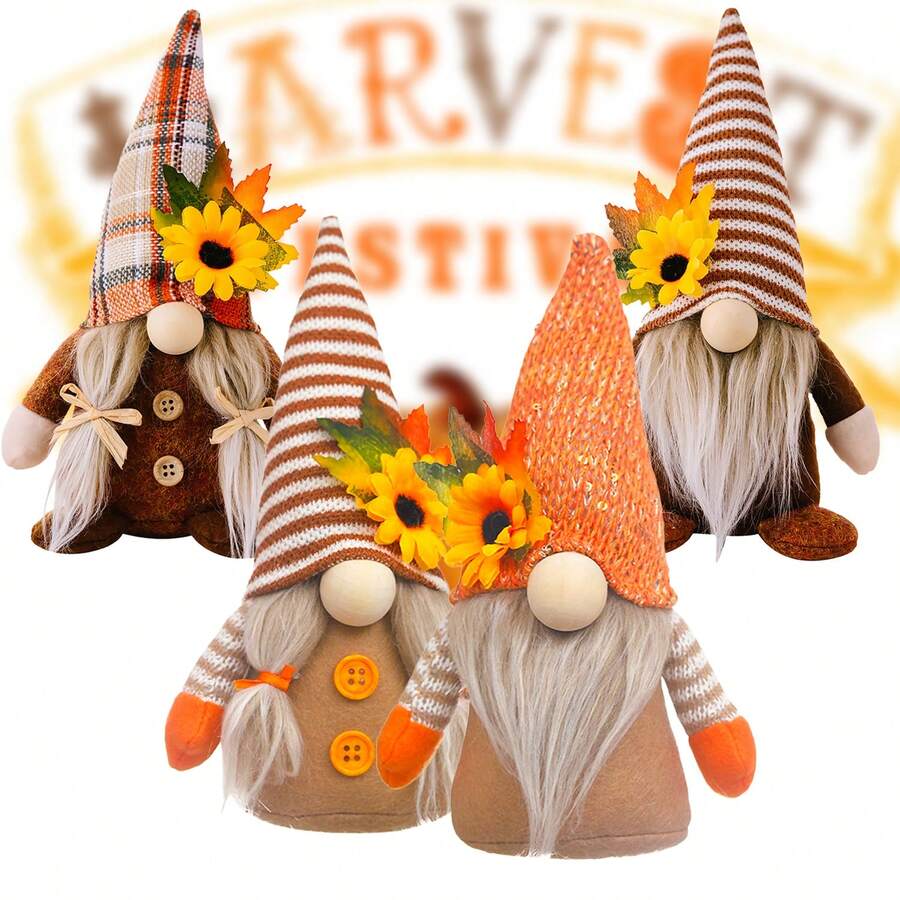 1 件/4 件秋季枫叶无脸老人雕像、丰收节北欧风格侏儒针织帽矮人、感恩节假期派对装饰、情侣雕像桌面装饰，适用于家居装饰、桌面装饰、主题派对、婚礼、户外庆祝装饰。 - 彩色 - 查看 1