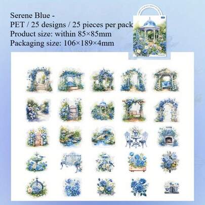 25pcs Blue-Themed Vinyl Stickers - Garden Series Assorted Designs (Floral, Arches, Gazebos, Benches) For Scrapbooking, Journals, Planners - Durable PVC Decorative Stickers With Vibrant Colors & Intricate Details