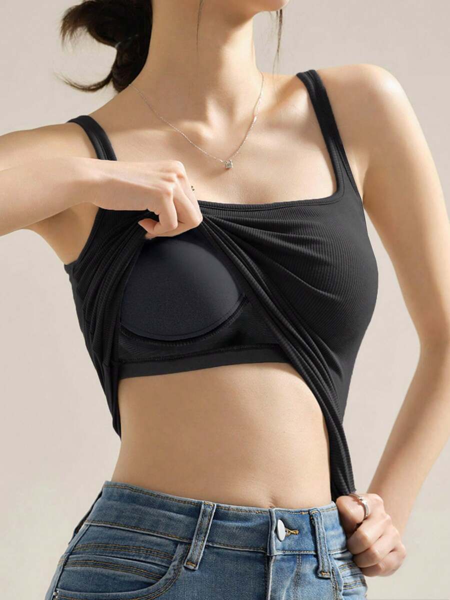 Women's Black Knitted Camisole Tank Bottom Shirt, Square Neck Backless Thin Bra Vest Camisole Bra Tops Vest Bra Tops, Fashion Simple Casual Personalized Bottom Tops, Shopping Home Party Spaghetti Strap Camisole Tops, Workout