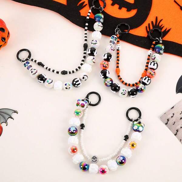European & American Halloween New Double Chain Keychain Pendant Pumpkin Ghost Beaded Handbag Chain Phone Lanyard