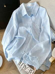 Women's Casual Lace Bow Decor Sun Protection Top, Spring/Summer - Blue - View 3